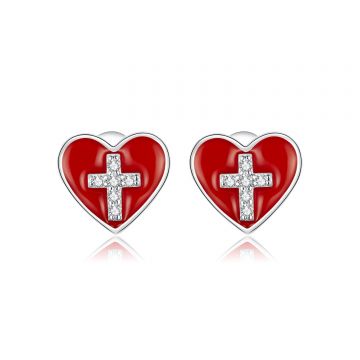 Cercei din argint Cross Red Heart