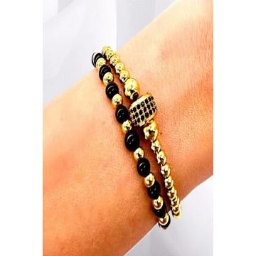 Set Diamond, doua bratari unisex, cu bile din inox si cristale de zirconiu