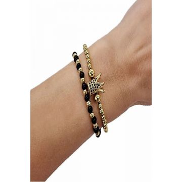 Set Queen, doua bratari unisex, cu bile din inox si cristale de zirconiu