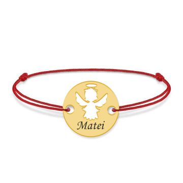 Angel - Bratara personalizata snur banut cu ingeras si nume gravat din argint 925 placat cu aur galben 24K