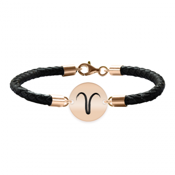 Bratara Premium din piele impletita si banut argint 925 placat cu aur Roz personalizat cu zodiac - Berbec