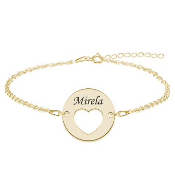 Heart - Bratara personalizata banut cu nume si inimioara din argint 925 placat cu aur galben 24K
