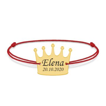 King - Bratara snur cu talisman din argint 925 placat cu aur galben 24K personalizata cu text - coroana
