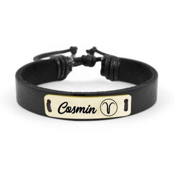 Liam -  Bratara personalizata cu nume si zodie din piele si tablita din argint 925 placat cu aur galben 24 karate