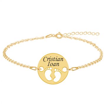 My Kid - Bratara personalizata din argint placat cu aur galben 24K banut cu nume si talpite