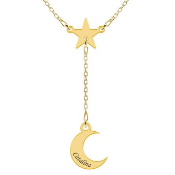 Star- Colier personalizat  din argint placat cu aur galben 24K cu cristal  - Stea si luna