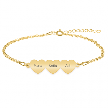 Cesur - Bratara personalizata trei inimi din argint 925 placat cu aur galben 24K