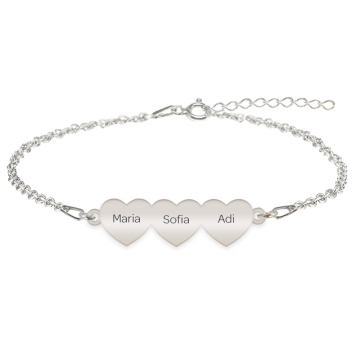 Cesur - Bratara personalizata trei inimi din argint 925