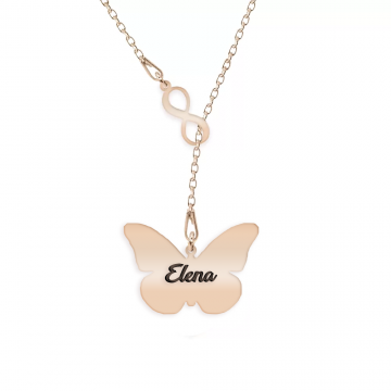 Spangle - Colier personalizat asimetric cu infinit si fluturas din argint 925 placat cu aur roz