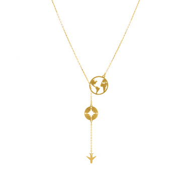 Travel - Colier personalizat busola si avion din argint 925 placat cu aur galben 24K