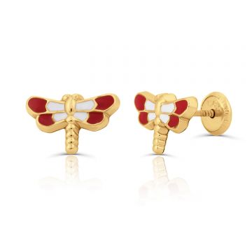 Cercei din aur 14K pentru copii Dragonfly White/Red