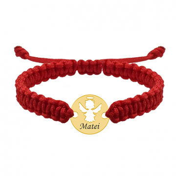Angel - Bratara personalizata snur impletit banut cu ingeras si nume gravat din argint 925 placat cu aur galben 24K