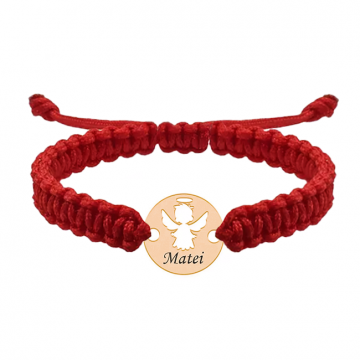 Angel - Bratara personalizata snur impletit banut cu ingeras si nume gravat din argint 925 placat cu aur roz