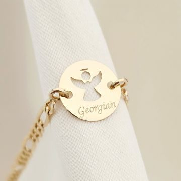 Bratara personalizata - Banut 10 mm - Inger pazitor decupat cu aripi deschise - Aur Galben 9K - Cu lantisor fata/baiat