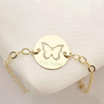 Bratara personalizata cu nume - Fluture decupat - Aur Galben 14K - Banut 12 mm diametru - Cu lantisor fata/baiat