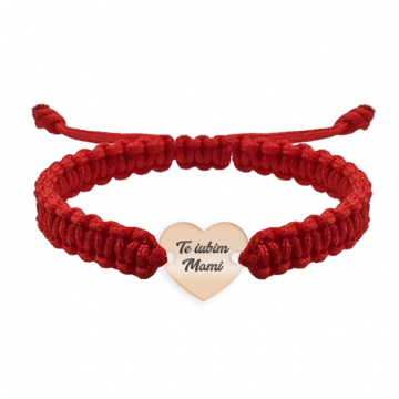 Claudia - Bratara personalizata snur impletit cu inimioara si text gravat din argint 925 placat cu aur roz