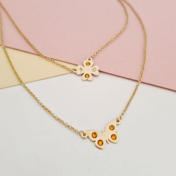 Lantisor 2 straturi - Trifoi si fluture - Cristale Swarovski - Argint 925 placat cu Aur Galben 18K