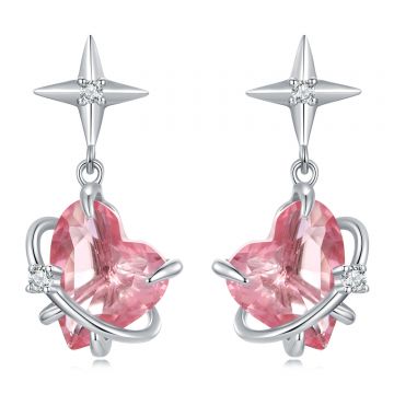 Cercei din argint Pink Sparkling Heart