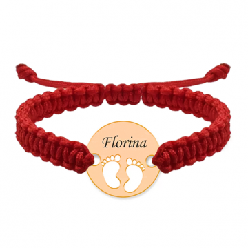 My Kid - Bratara personalizata snur impletit banut cu talpite si nume gravat din argint 925 placat cu aur roz