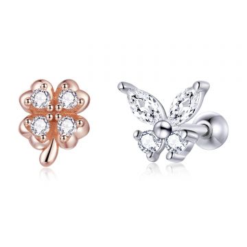 Cercei din argint Butterfly and Four Leaf Clover Studs