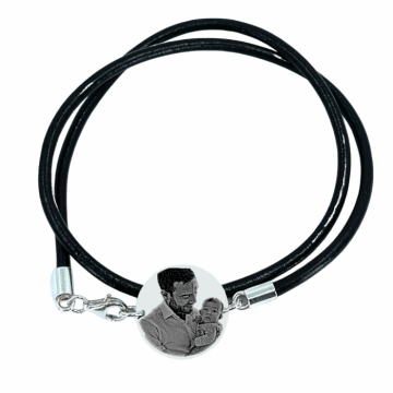 Bratara argint barbati personalizata cu poza, snur piele dublu si banut 19 mm