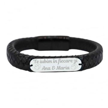 Bratara barbati piele lata impletita si placuta Argint personalizata (inchizatoare neagra magnetica inox)