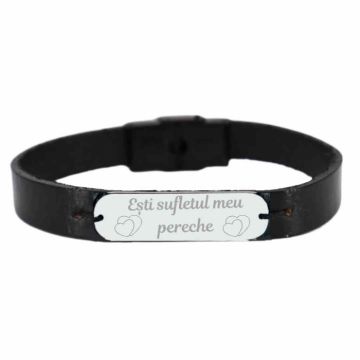Bratara piele barbati cu placuta Argint personalizata (inchizatoare clips inox, neagra)