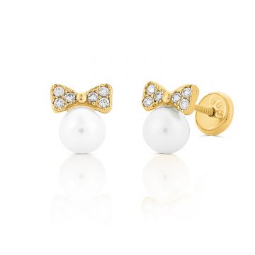 Cercei din aur 14K pentru copii Pearls and Bow Ribbons