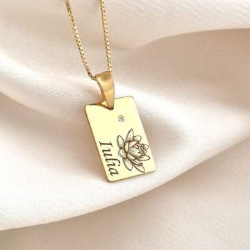 Lantisor Floarea mea - Diamant natural, nume si floarea lunii de nastere - Argint 925 placat cu Aur Galben 18K