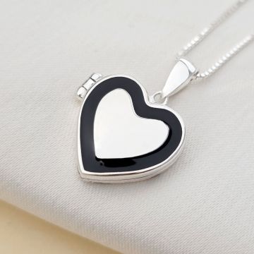 Medalion Eternitate in inima - Locket cu poze in interior - Argint 925 si email negru