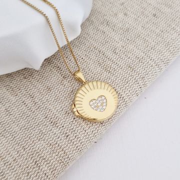 Medalion Scanteia Alba - Locket cu poze in interior - Argint 925 placat cu Aur Galben 18K si Zirconii