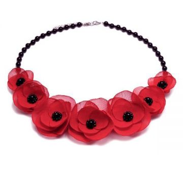 Colier elegant cu perle si flori, culoarea rosu,Sweet Love, Zia Fashion