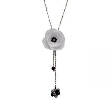 Colier lung elegant, perle, otel inoxidabil, floare alba, Zia Fashion