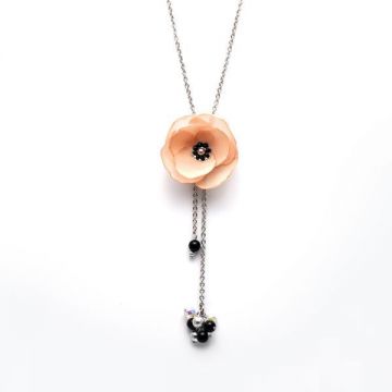 Colier lung elegant, perle, otel inoxidabil, floare bej, Zia Fashion