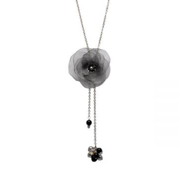 Colier lung elegant, perle, otel inoxidabil, floare gri, Melissa, Zia Fashion