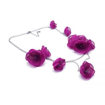 Bijuterie multifunctionala, colier la baza gatului sau lung, bratara, flori magenta, Florens, Zia Fashion