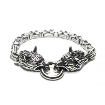 Bratara metalica cu lupii nordici, Bijuterie argintie antichizata stilul Viking, 18-20 cm