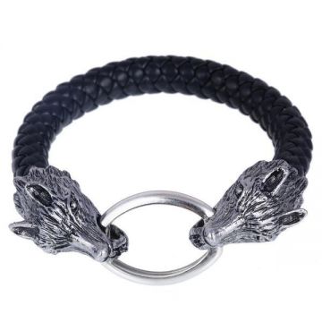 Bratara Viking cu piele naturala impletita si talisman cu lupii nordici, 18-20 cm