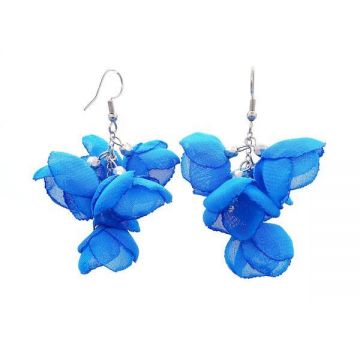 Cercei ciorchine flori din voal, albastri, inox, 6 cm, Mara, Zia Fashion