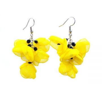Cercei ciorchine flori din voal, galben, inox, 6 cm, Estela, Zia Fashion