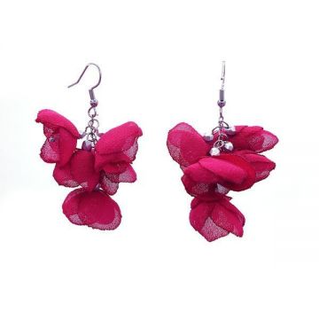 Cercei ciorchine flori din voal, viva magenta, inox, 6 cm, Edina, Zia Fashion
