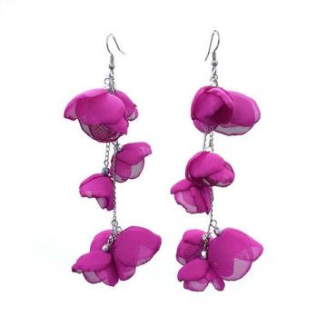 Cercei foarte lungi cu flori din voal, magenta, 11 cm, Florens, Zia Fashion