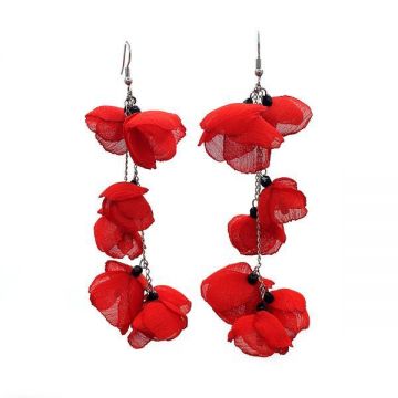 Cercei foarte lungi cu flori din voal, rosu, 11 cm, Anabella, Zia Fashion