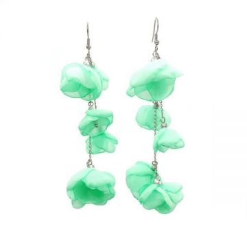 Cercei foarte lungi cu flori din voal, verde menta, 11 cm, Azaleea, Zia Fashion