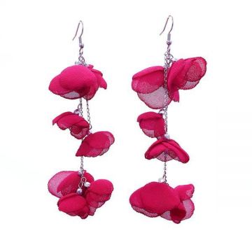 Cercei foarte lungi cu flori din voal, viva magenta, 11 cm, Edina, Zia Fashion