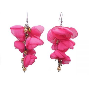 Cercei lungi cu flori din voal, culoarea roz aprins, Zia Fashion, Be Pink