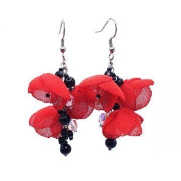 Cercei lungi eleganti cu flori rosii, handmade, Zia Fashion, Raisa