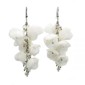 Cercei lungi mireasa, perle si inox, flori din voal, handmade, Bridal Wish, Zia Fashion