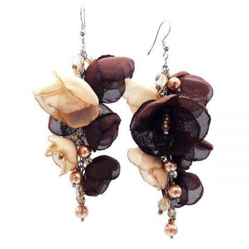 Cercei lungi statement cu flori maro - bej, handmade, Zia Fashion, Debbie