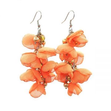 Cercei lungi statement cu flori portocaliu somon, handmade, Zia Fashion, Bellisima